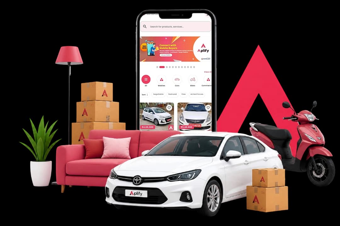 Aplify mobile app shown alongside a car, scooter, sofa and moving boxes