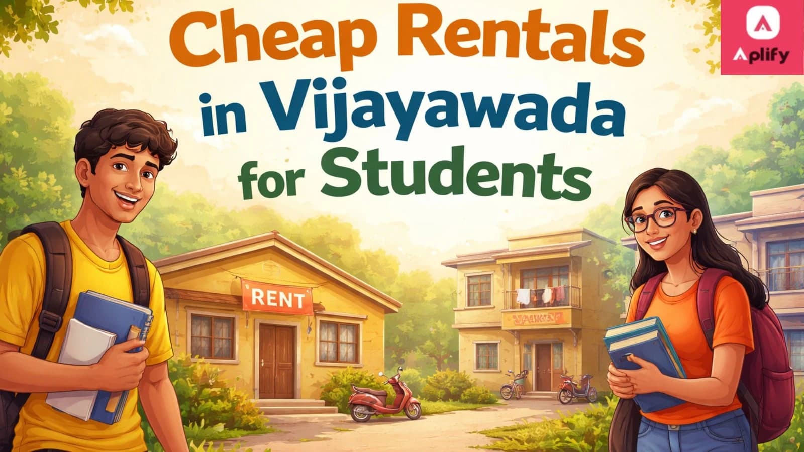 Affordable rental homes in Vijayawada for students with young students standing near budget houses