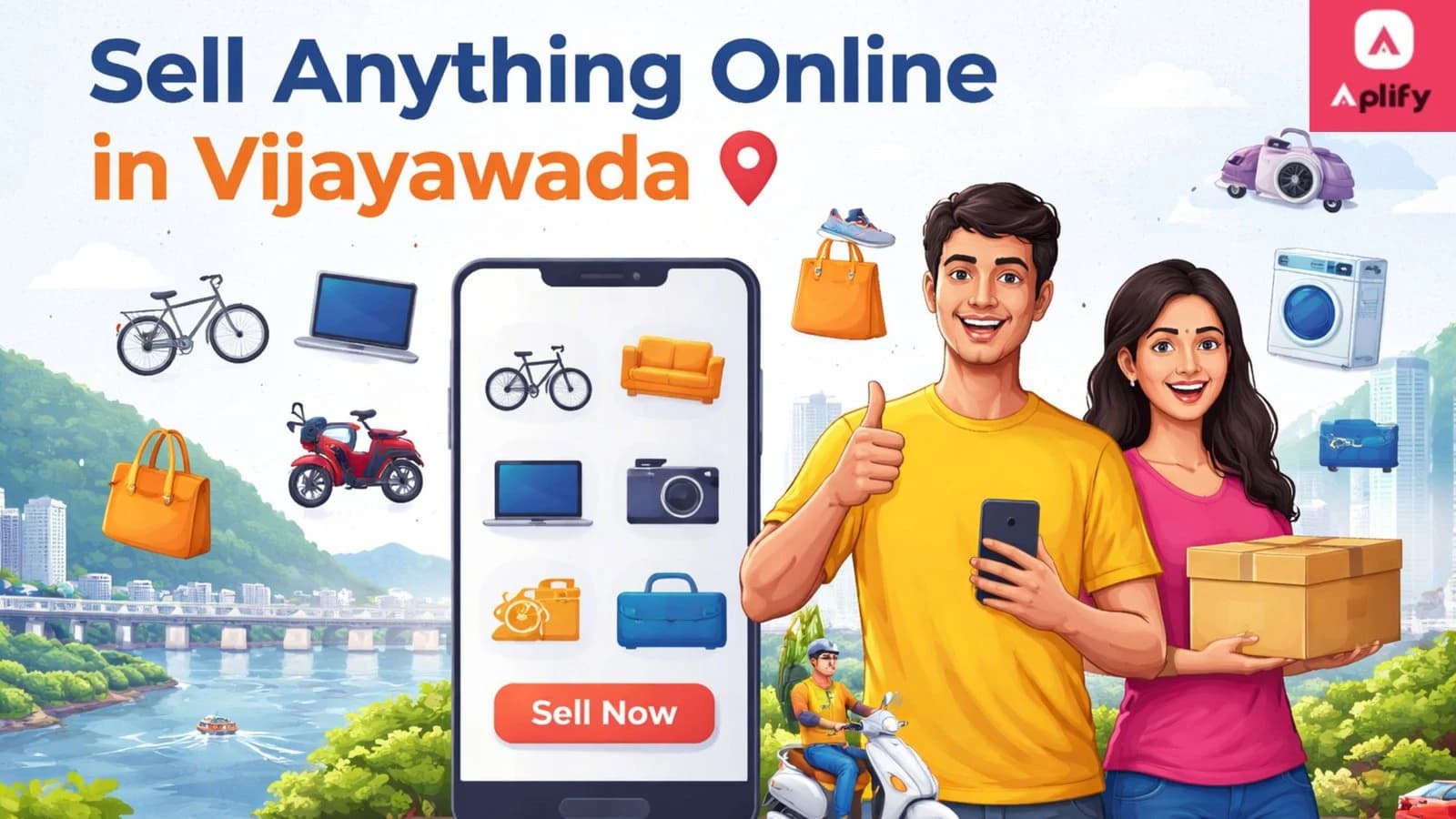 People selling products online in Vijayawada using mobile marketplace app with electronics, furniture, bike and home appliances displayed