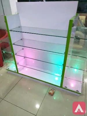 two sided rack with wood and glass