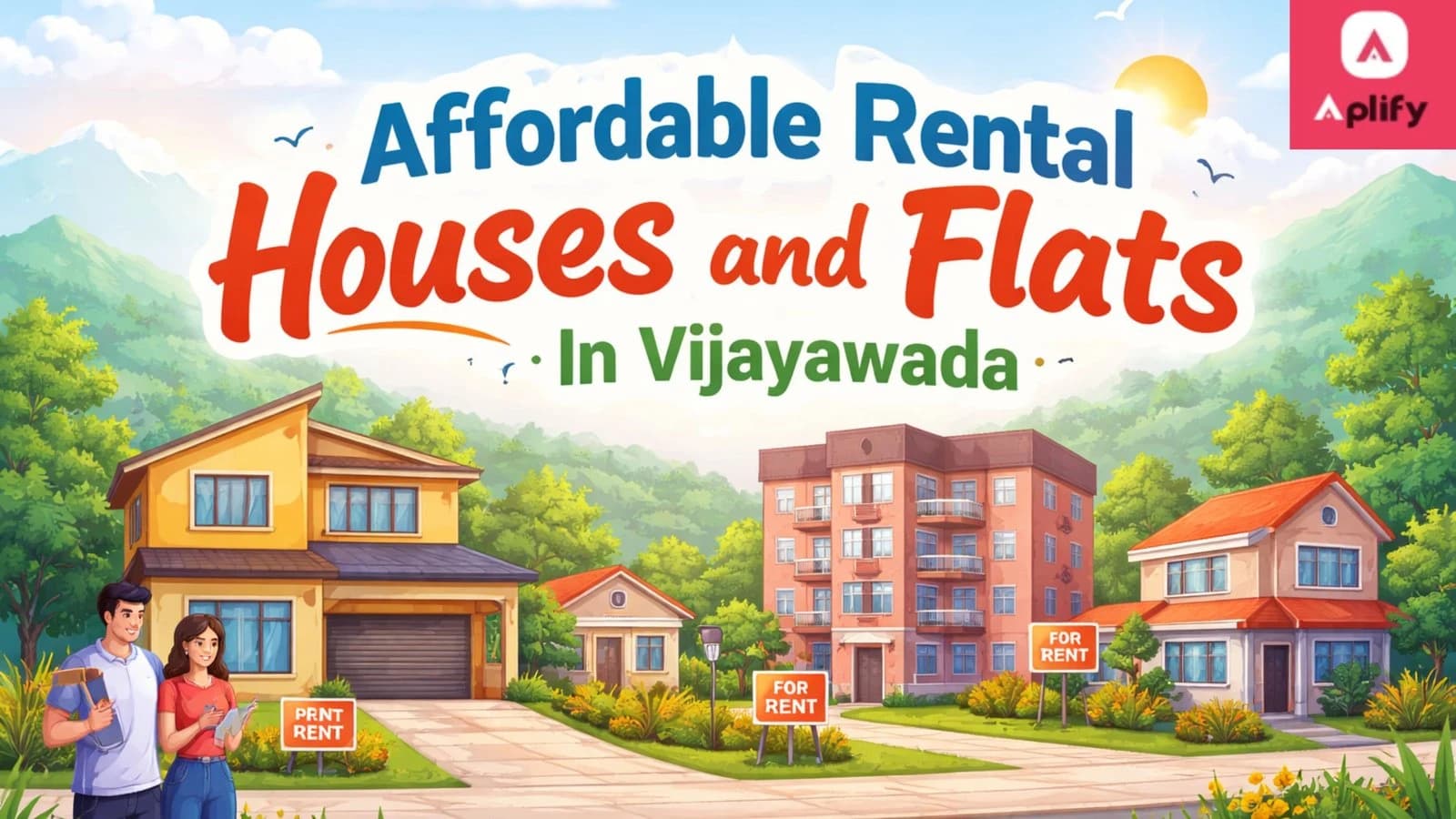 Blog banner showing affordable rental houses and flats in Vijayawada with residential buildings and “For Rent” boards.