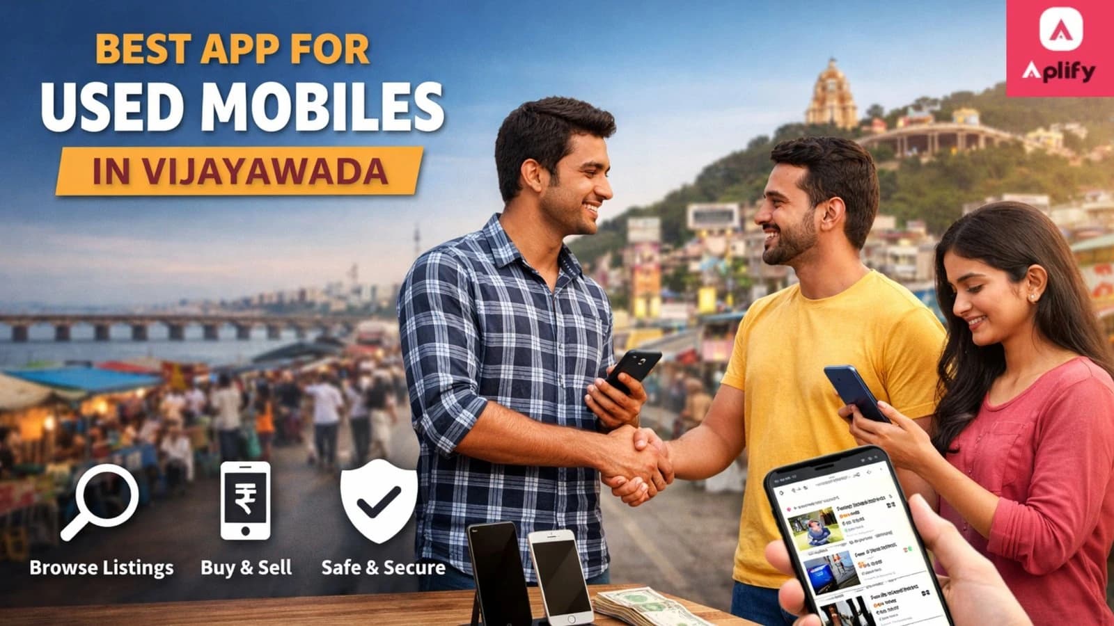 Best app for used mobiles in Vijayawada showing people buying and selling second-hand smartphones locally in a marketplace setting