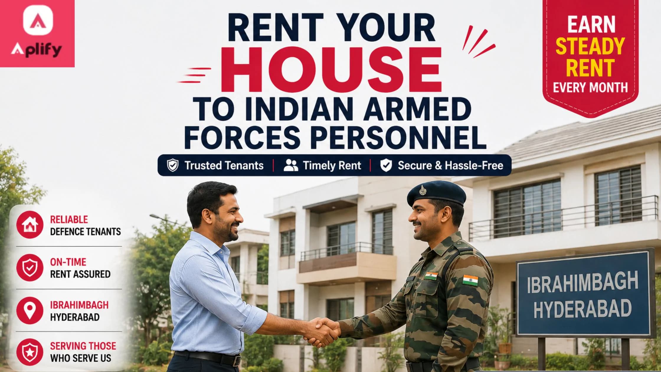 Rent your house in Ibrahimbagh, Hyderabad to Indian Armed Forces personnel, featuring a homeowner and defence personnel tenant shaking hands outside a residential property