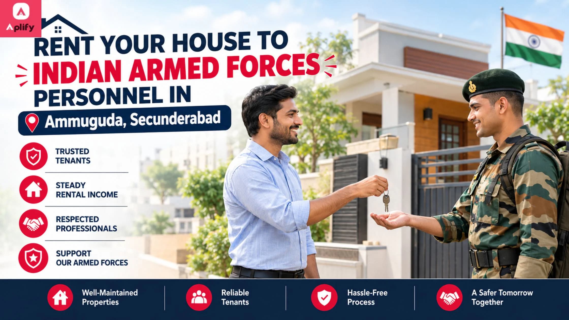 Rent your house to Indian Armed Forces personnel in Ammuguda, Secunderabad, featuring a homeowner handing house keys to an Indian Army soldier
