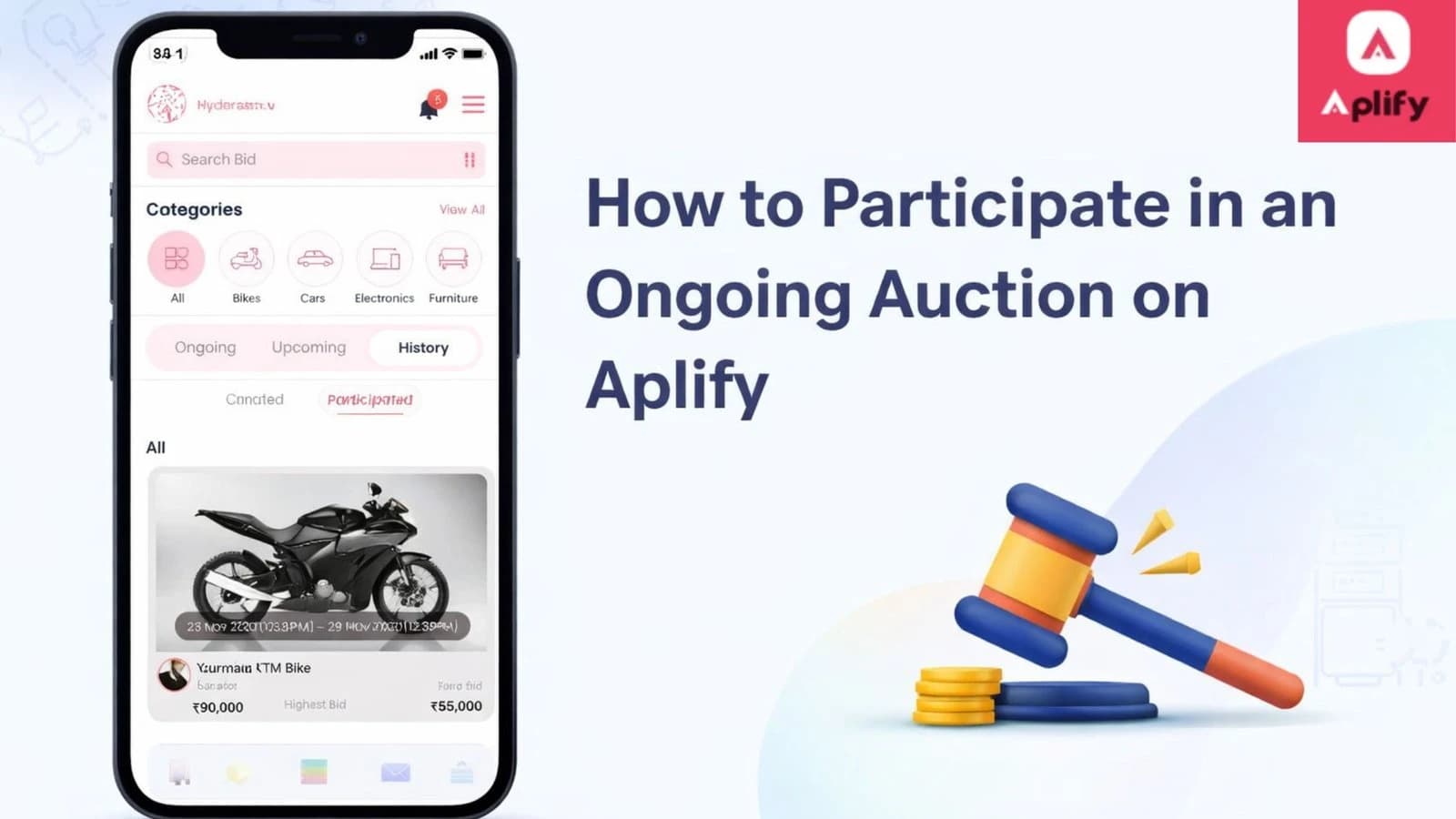 Participate in an ongoing auction on Aplify showing live bidding interface on a smartphone with auction gavel and coins illustration