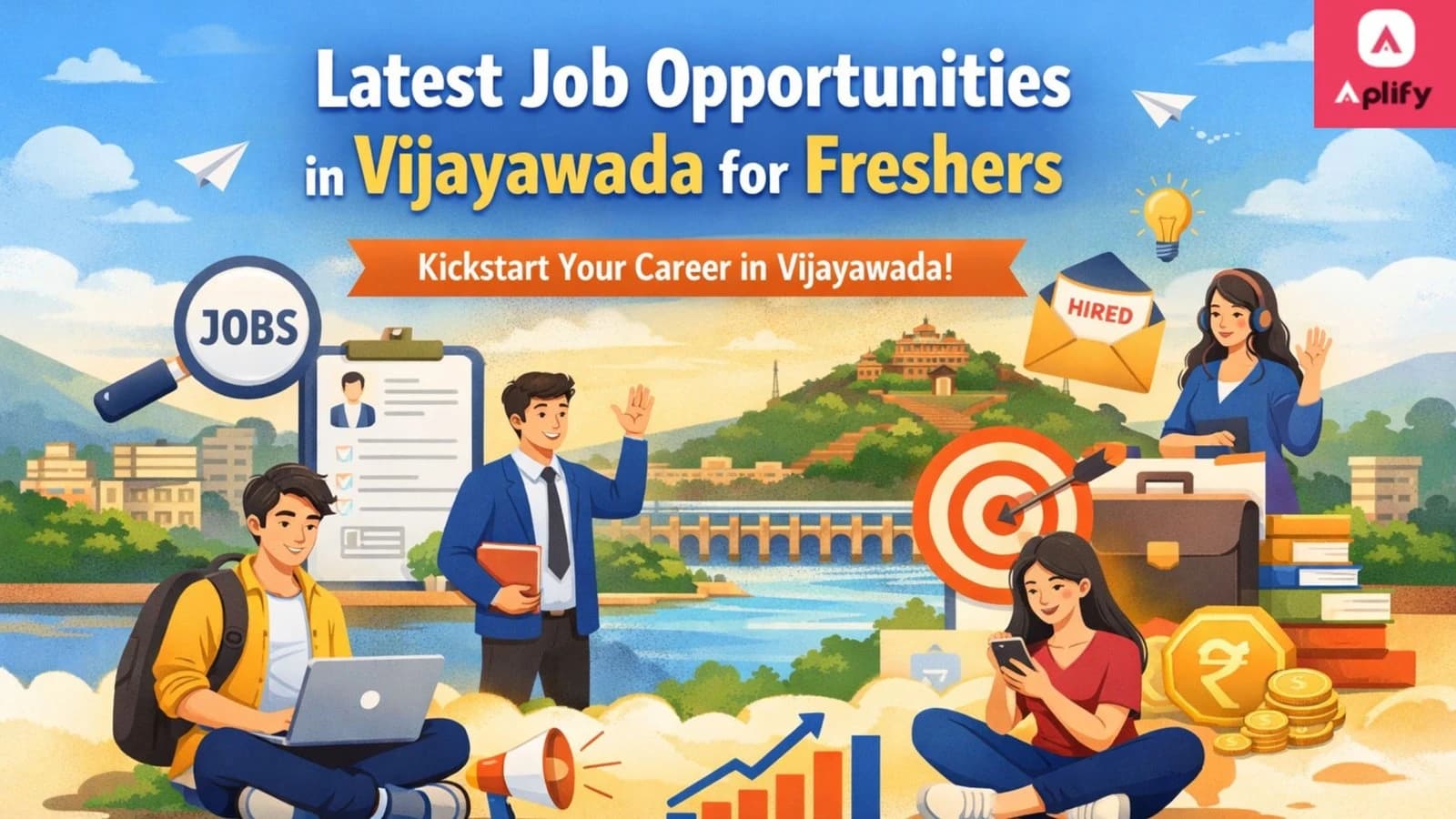 Illustration showing freshers exploring latest job opportunities in Vijayawada with career growth icons and job search elements