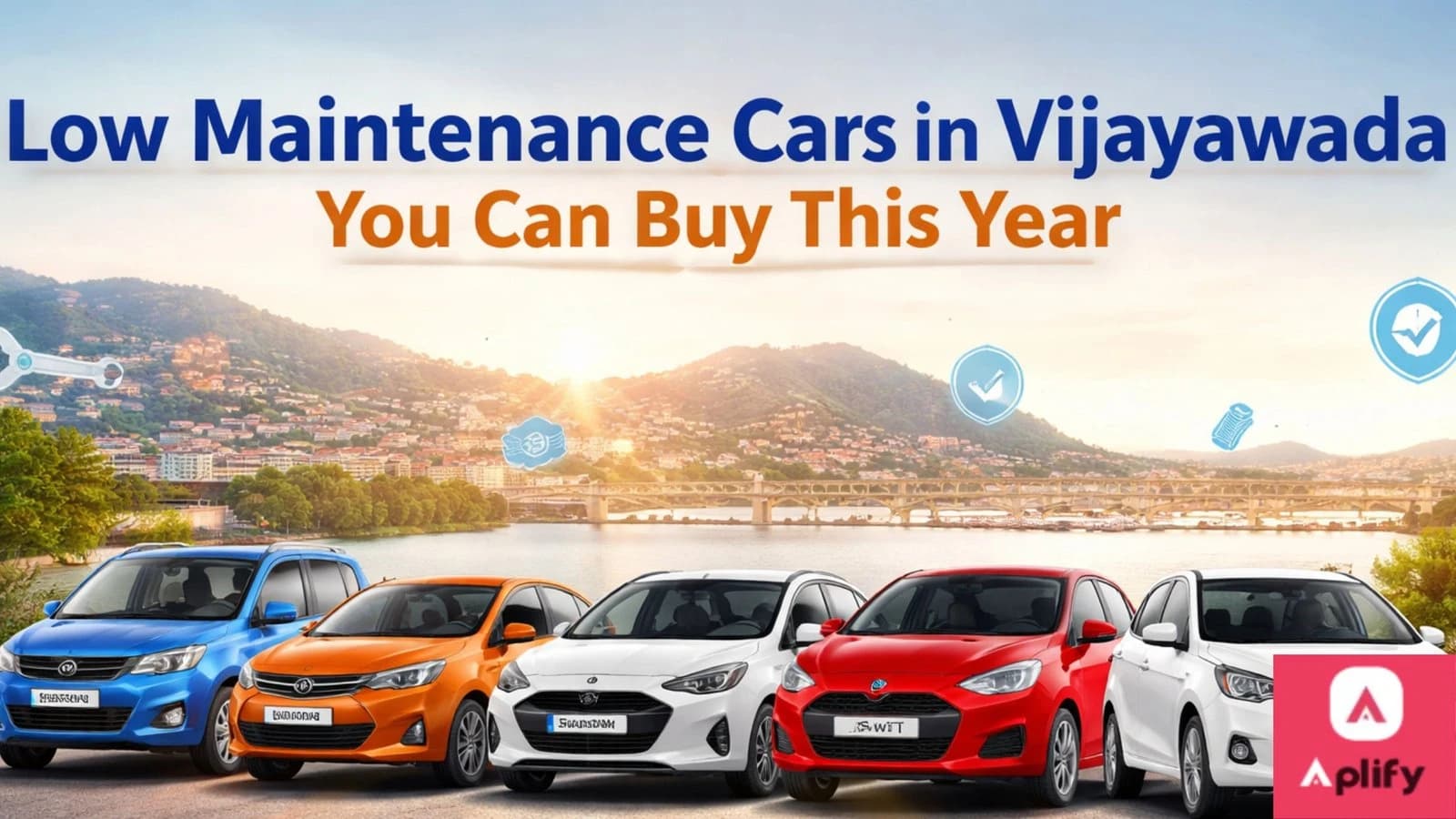 Affordable low-maintenance cars in Vijayawada for 2026 with multiple budget-friendly vehicles displayed in a city landscape