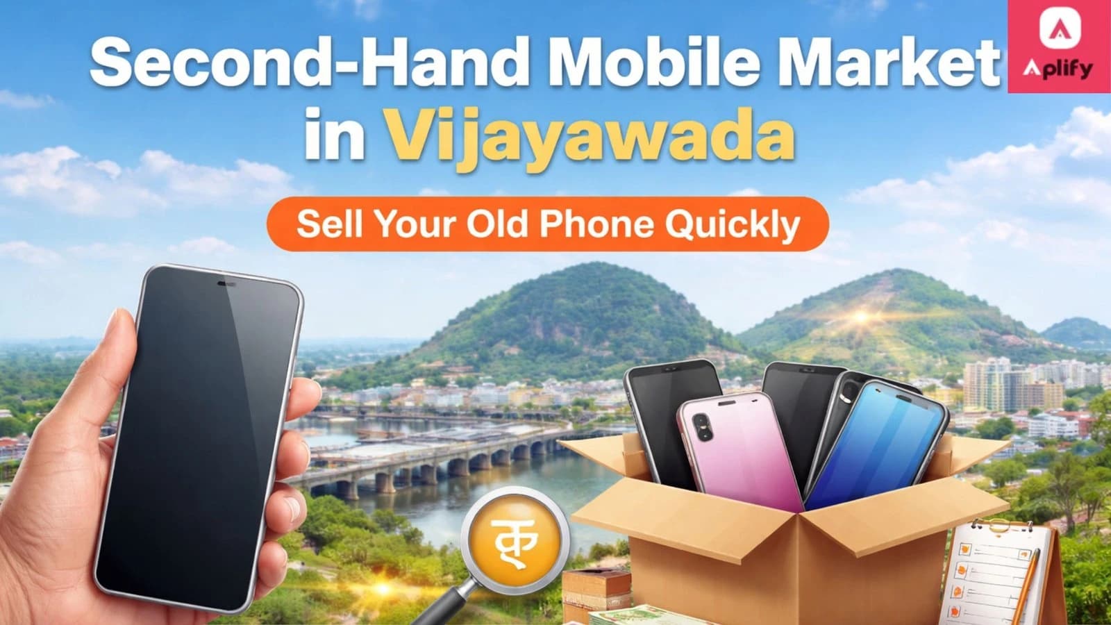 A hand holding a smartphone against the Vijayawada cityscape with a box of used mobile phones and the Aplify logo.