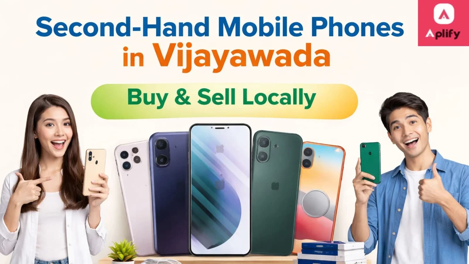 second-hand mobile phones in Vijayawada with people holding smartphones and multiple used phones displayed for buying and selling locally.