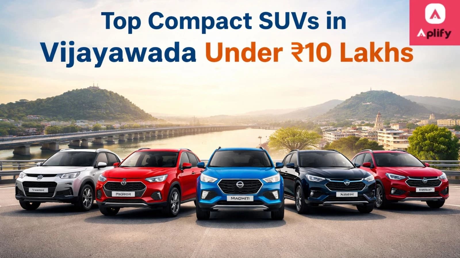 Top compact SUVs in Vijayawada under 10 lakhs including budget-friendly SUV models displayed on a city road background