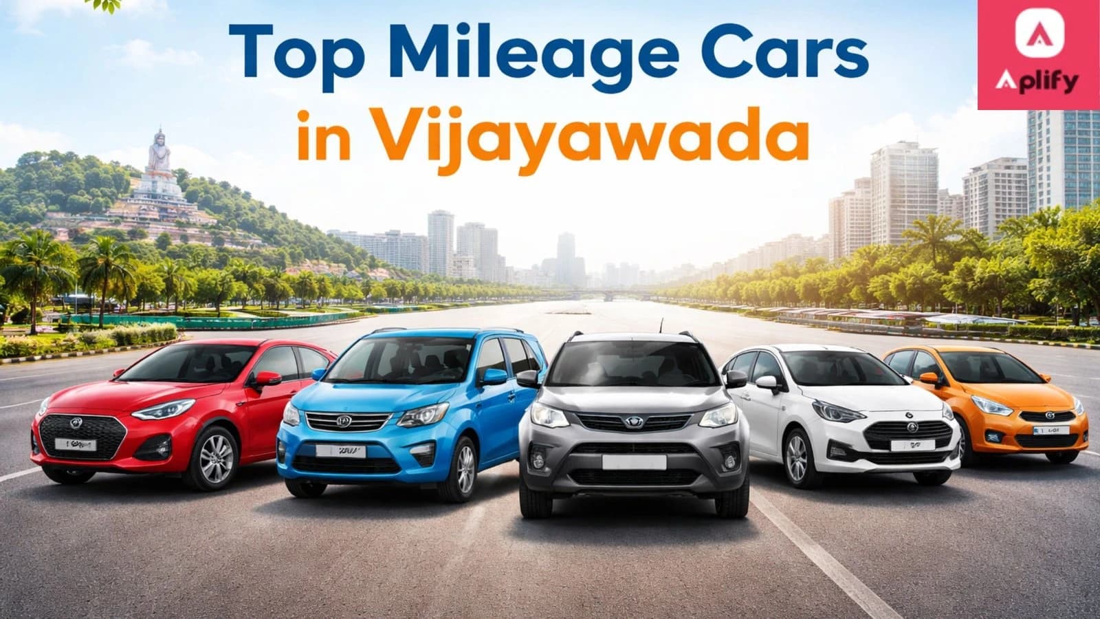 Top mileage cars in Vijayawada displayed on a city road, showcasing fuel-efficient models ideal for daily city commute