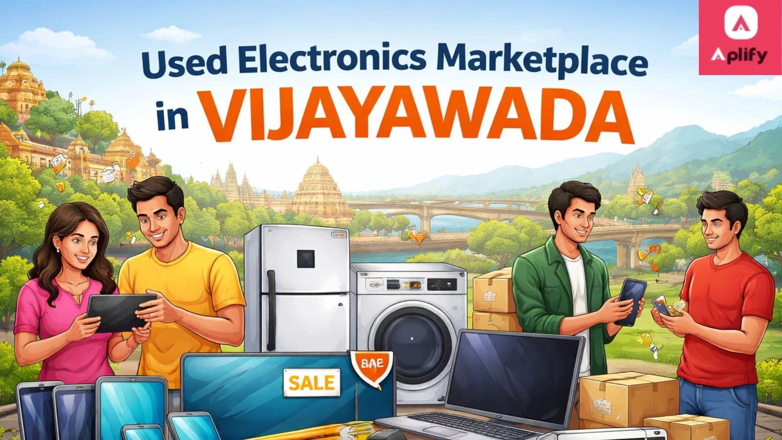 Used Electronics Marketplace in Vijayawada with smartphones, laptop, TV, refrigerator and buyers selling second-hand electronic items locally
