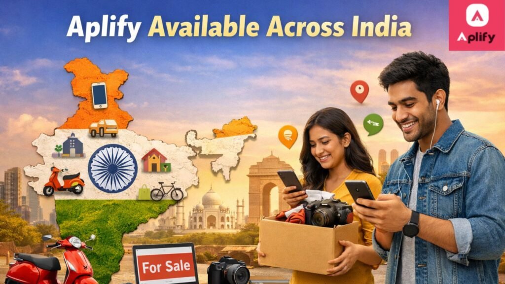 Aplify available across India showing users buying and selling used items locally through the Aplify app