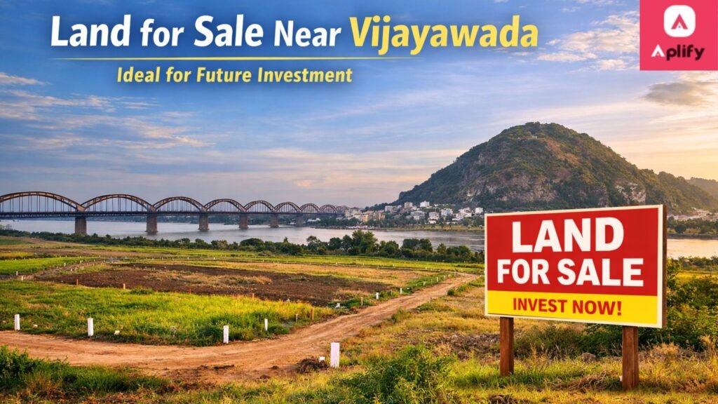 Land for sale near Vijayawada with river view and city skyline – ideal land for investment near Vijayawada