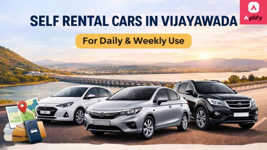 Self rental cars in Vijayawada for daily and weekly use with multiple self-driving cars near Prakasam Barrage backdrop